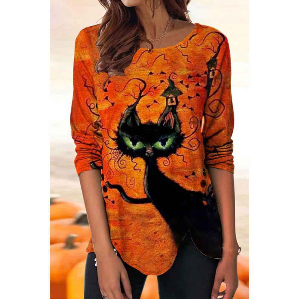 Halloween Cat Print Long Sleeve Casual T-Shirt