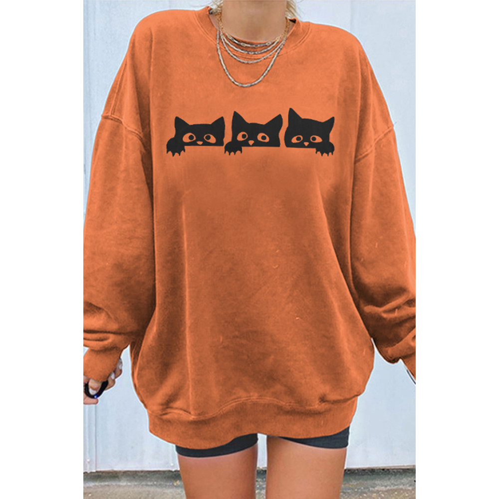 Halloween Cat Print Long Sleeve Sweatshirt