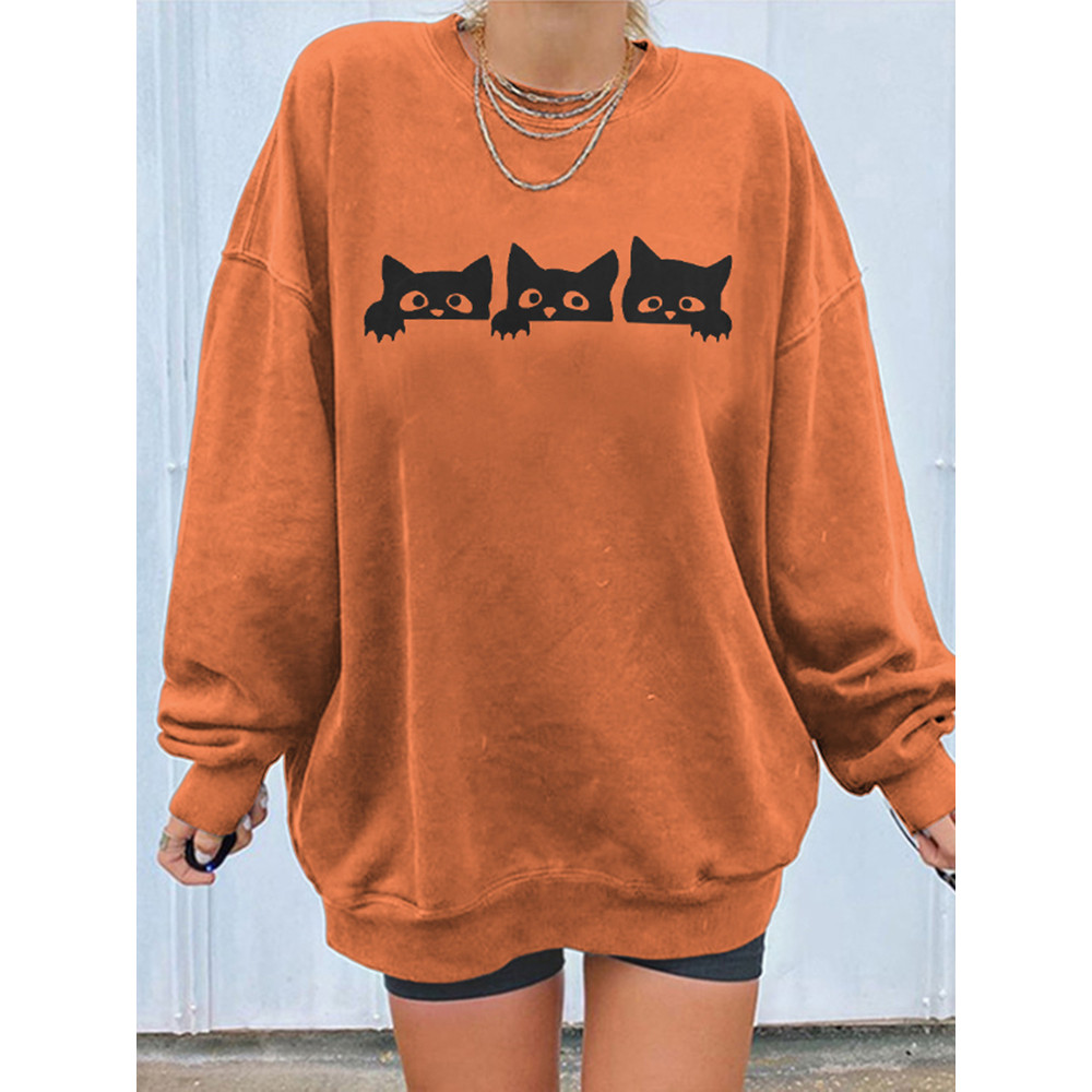 Halloween Cat Print Long Sleeve Sweatshirt