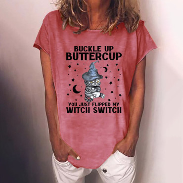 Halloween Cat Print Short Sleeve Casual T-Shirt