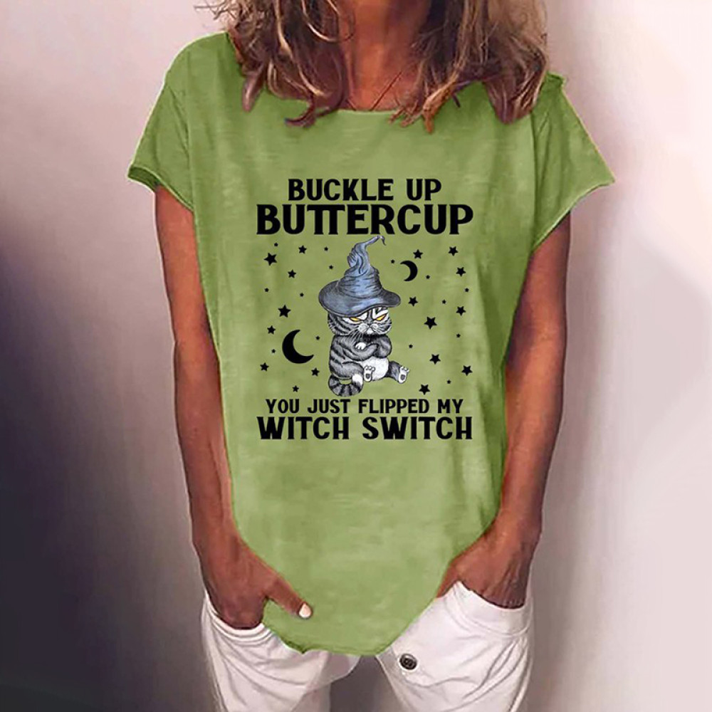 Halloween Cat Print Short Sleeve Casual T-Shirt