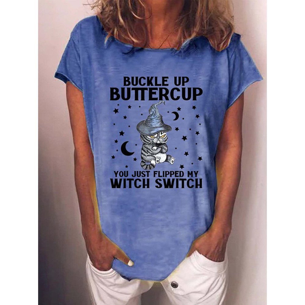 Halloween Cat Print Short Sleeve Casual T-Shirt