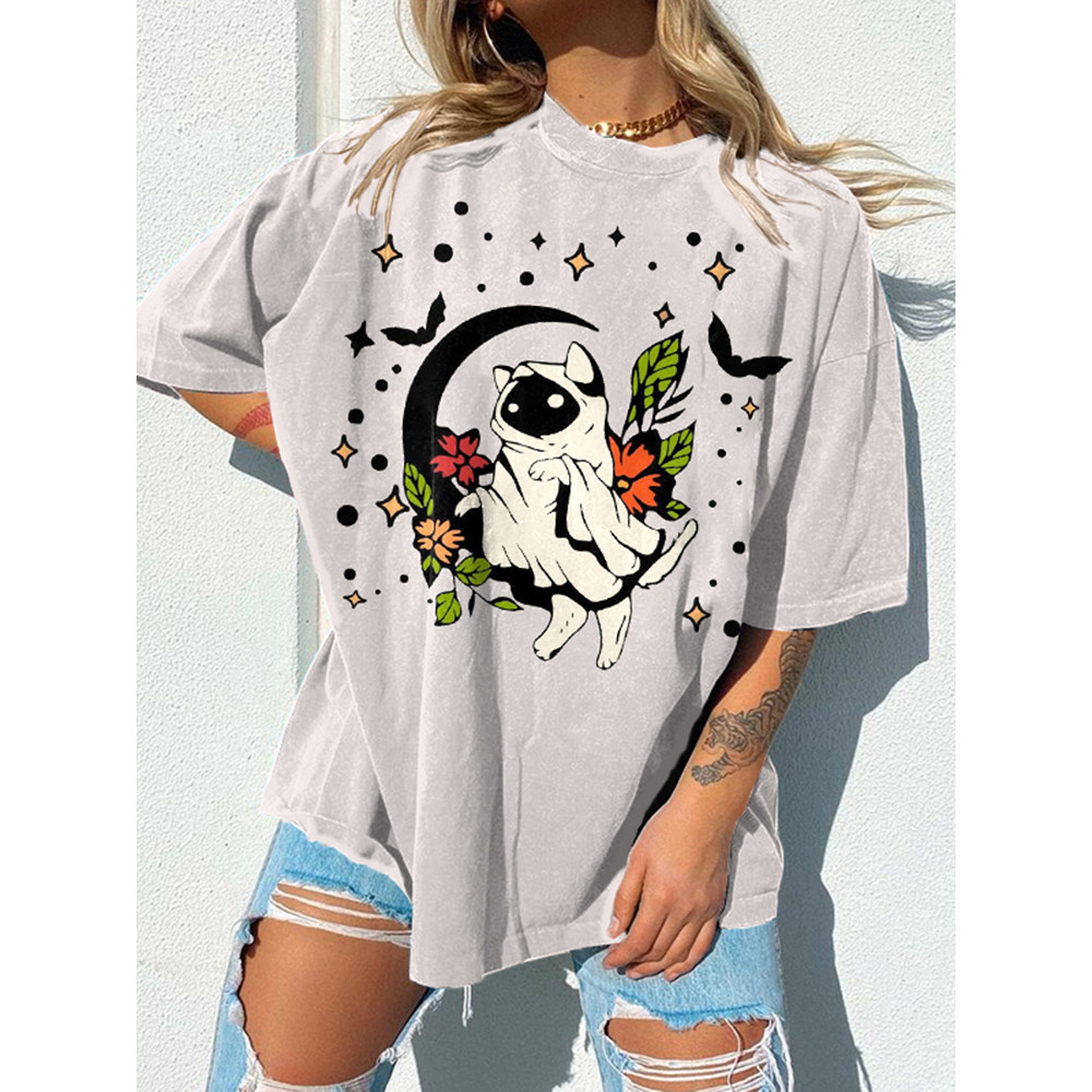 Halloween Cat Print Short Sleeve T-Shirt