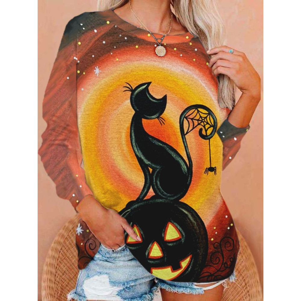 Halloween Cat Pumpkin Print Long Sleeve Sweatshirt