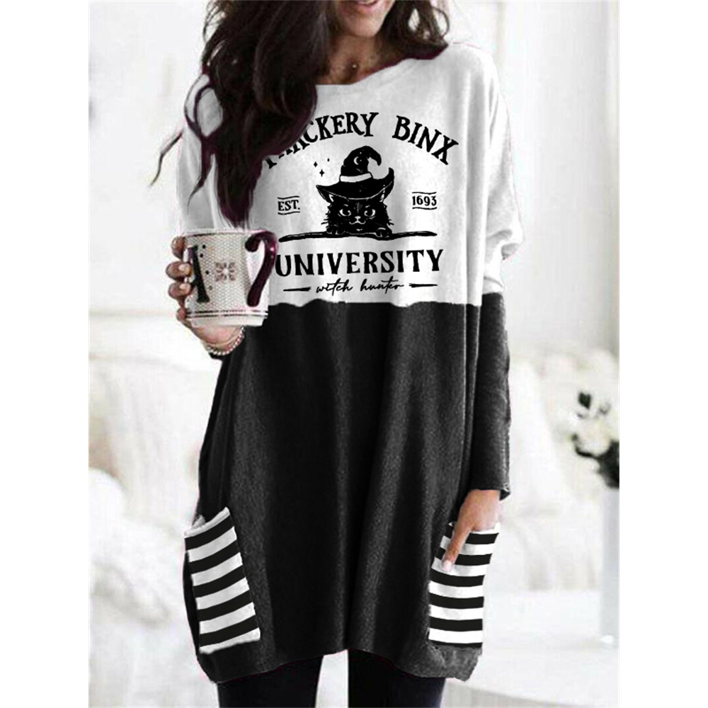 Halloween Cat Witch Striped Patch Pocket Tunic