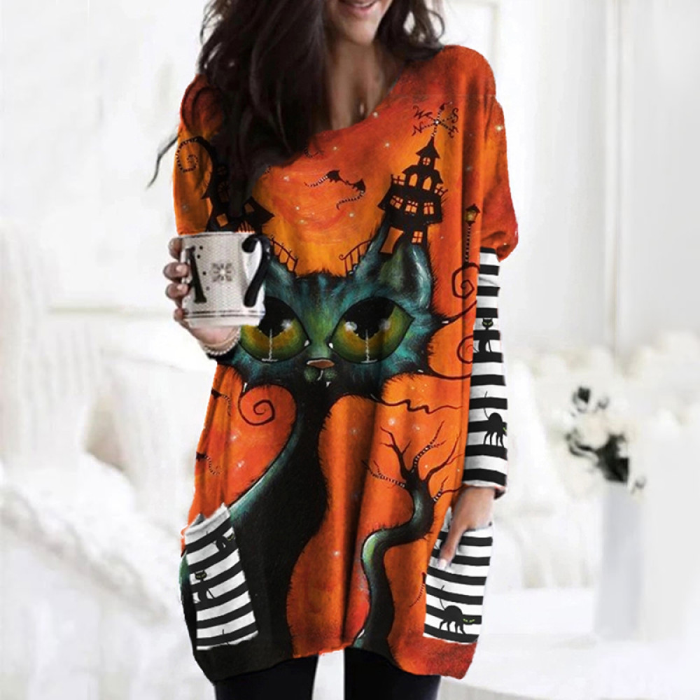 Halloween Cat Witch Striped Patch Pocket Tunic