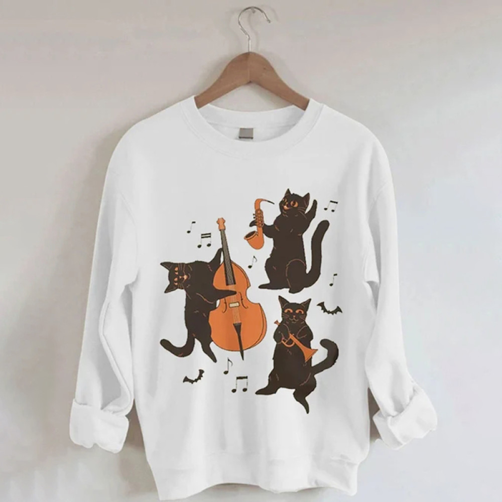 Halloween Cats Print Casual Sweatshirt
