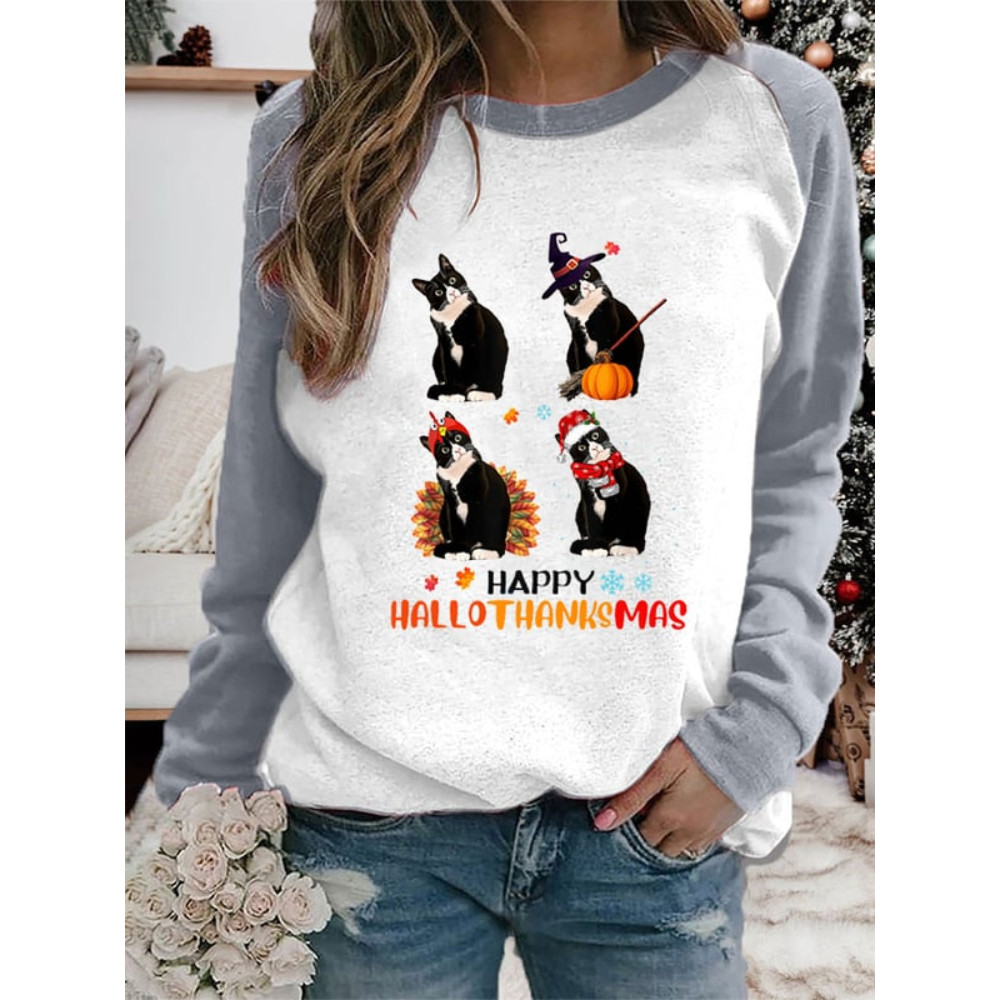Halloween Christmas Black Cat Print Sweatshirt
