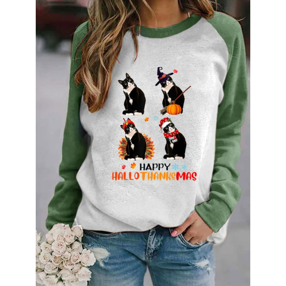 Halloween Christmas Black Cat Print Sweatshirt