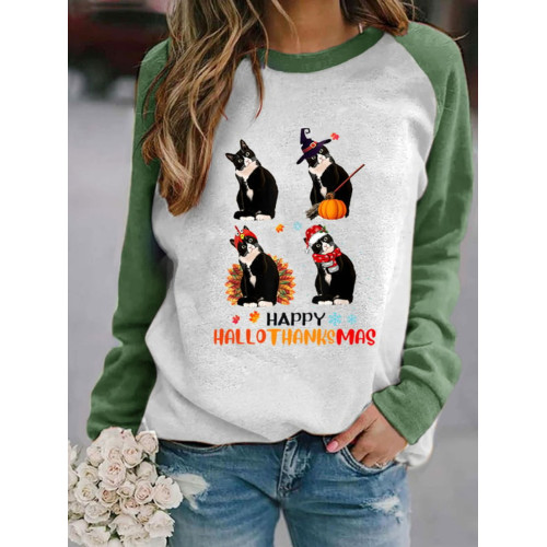 Halloween Christmas Black Cat Print Sweatshirt