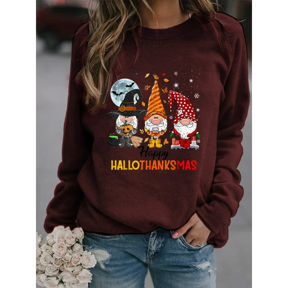 Halloween Christmas Gnome Print Crewneck Sweatshirt