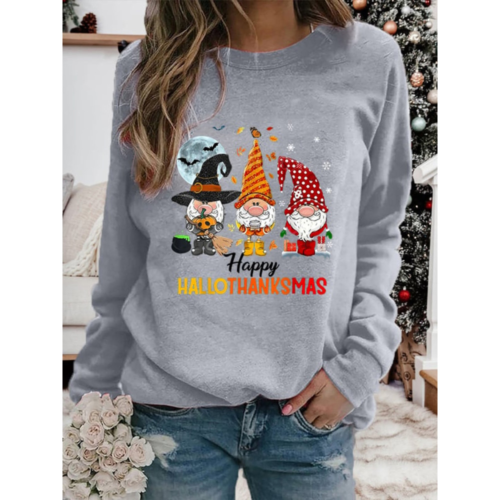 Halloween Christmas Gnome Print Crewneck Sweatshirt
