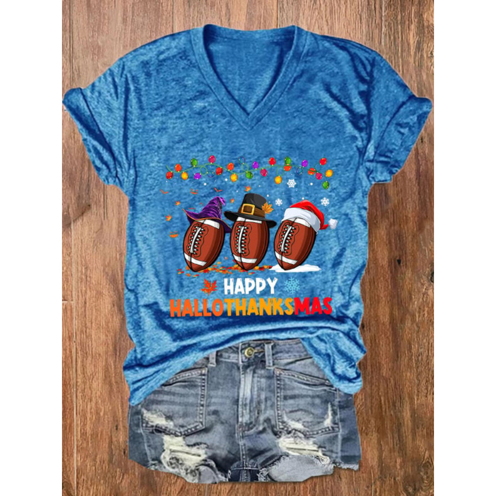 Halloween Christmas Rugby Print V Neck T Shirt