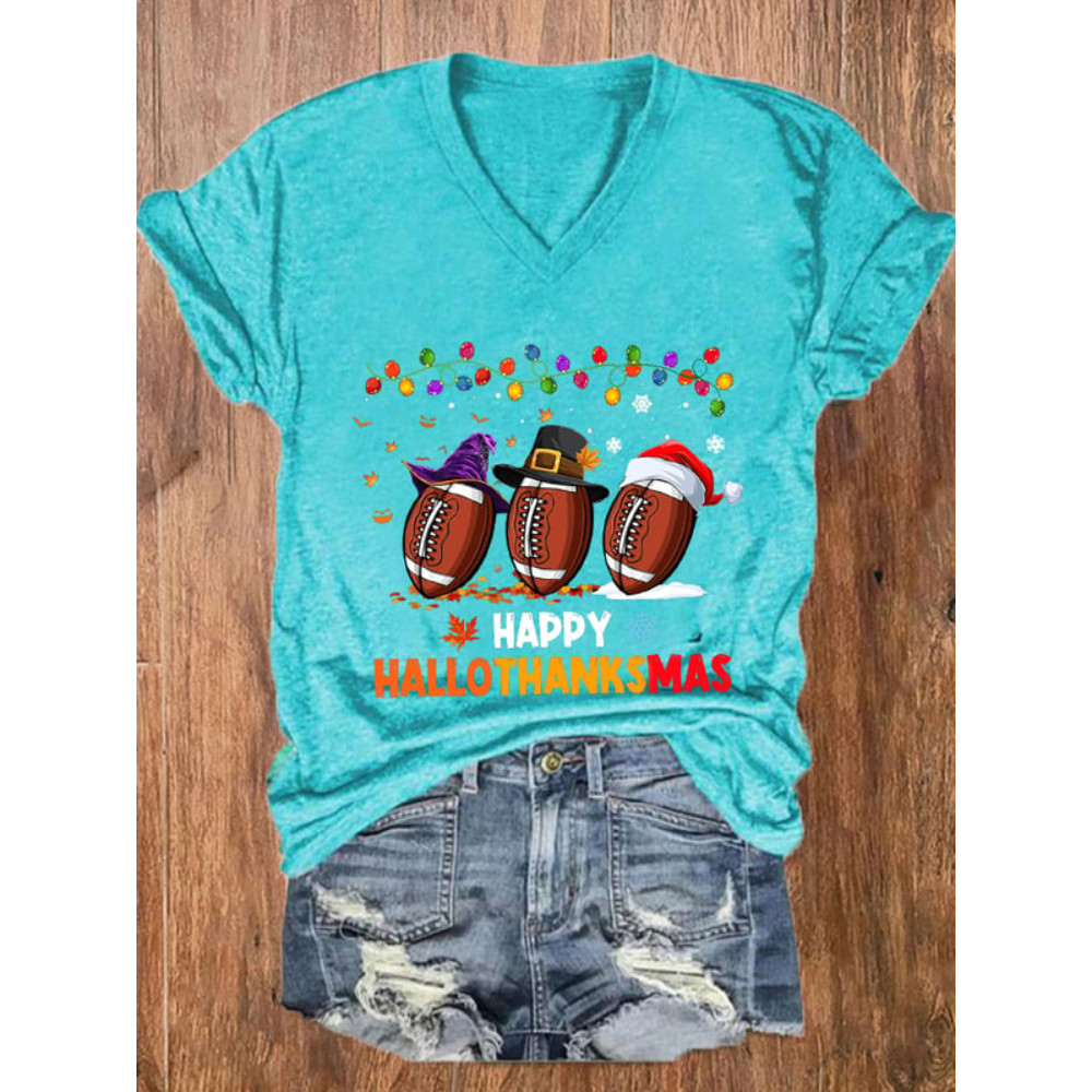 Halloween Christmas Rugby Print V Neck T Shirt