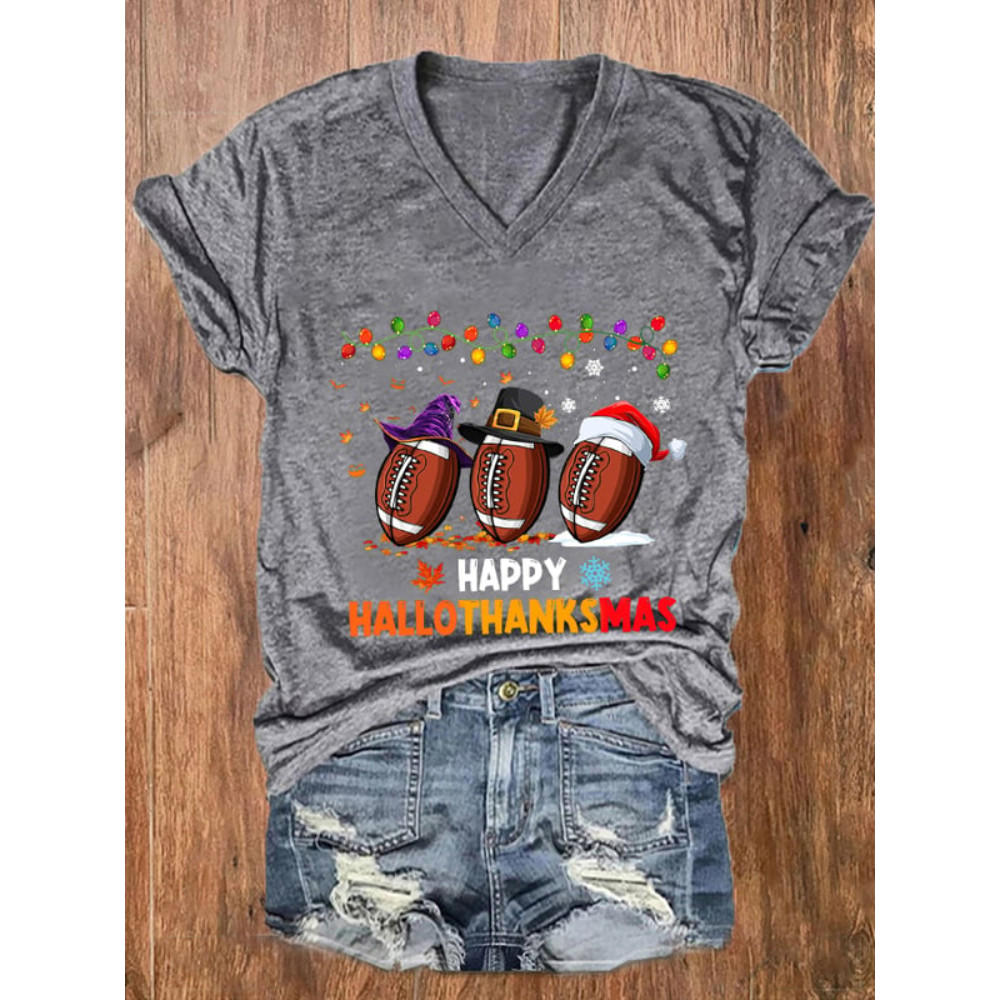 Halloween Christmas Rugby Print V Neck T Shirt