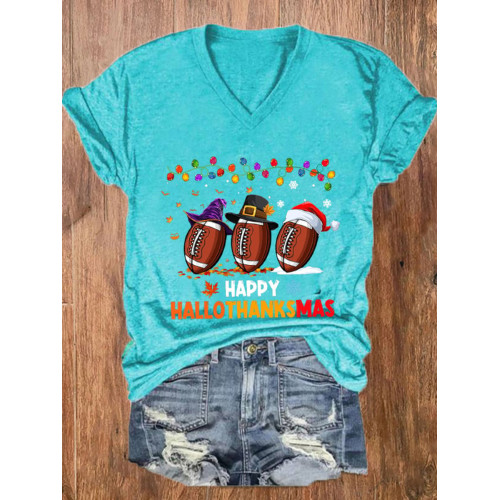 Halloween Christmas Rugby Print V Neck T Shirt