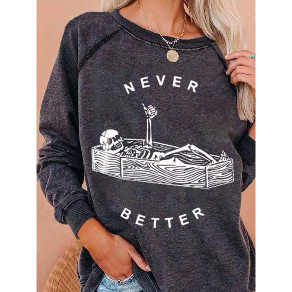 Halloween Coffin Skull Print Long Sleeve Crew Neck Sweatshirt