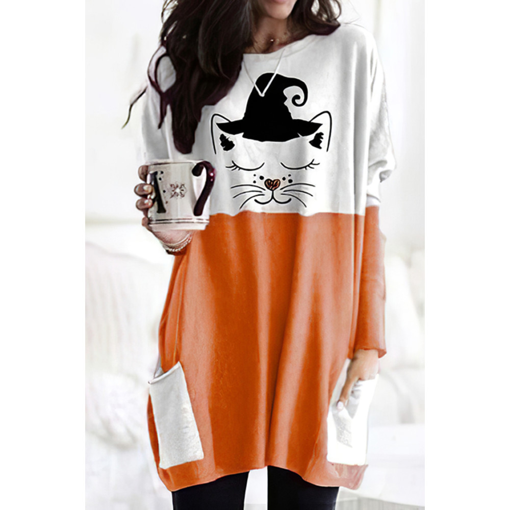 Halloween Colorblock Cat Print Tunic
