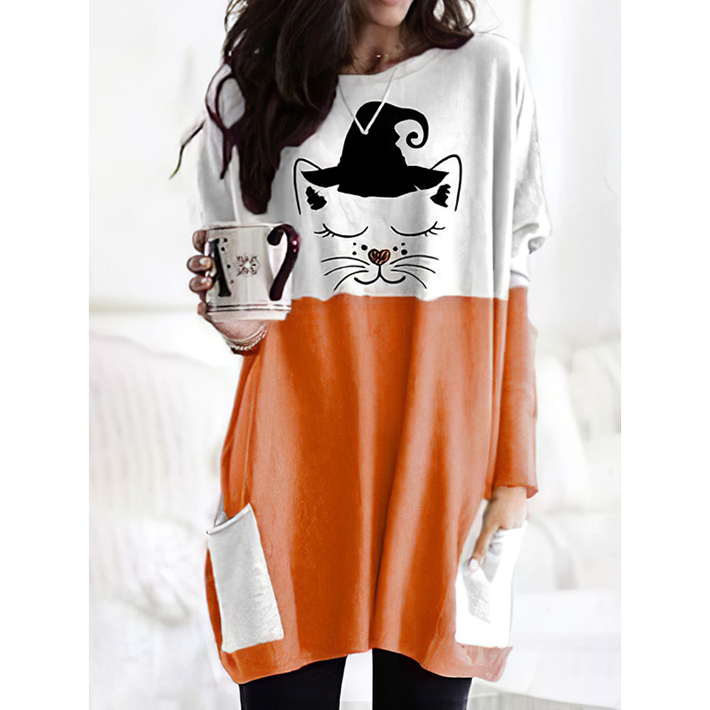 Halloween Colorblock Cat Print Tunic