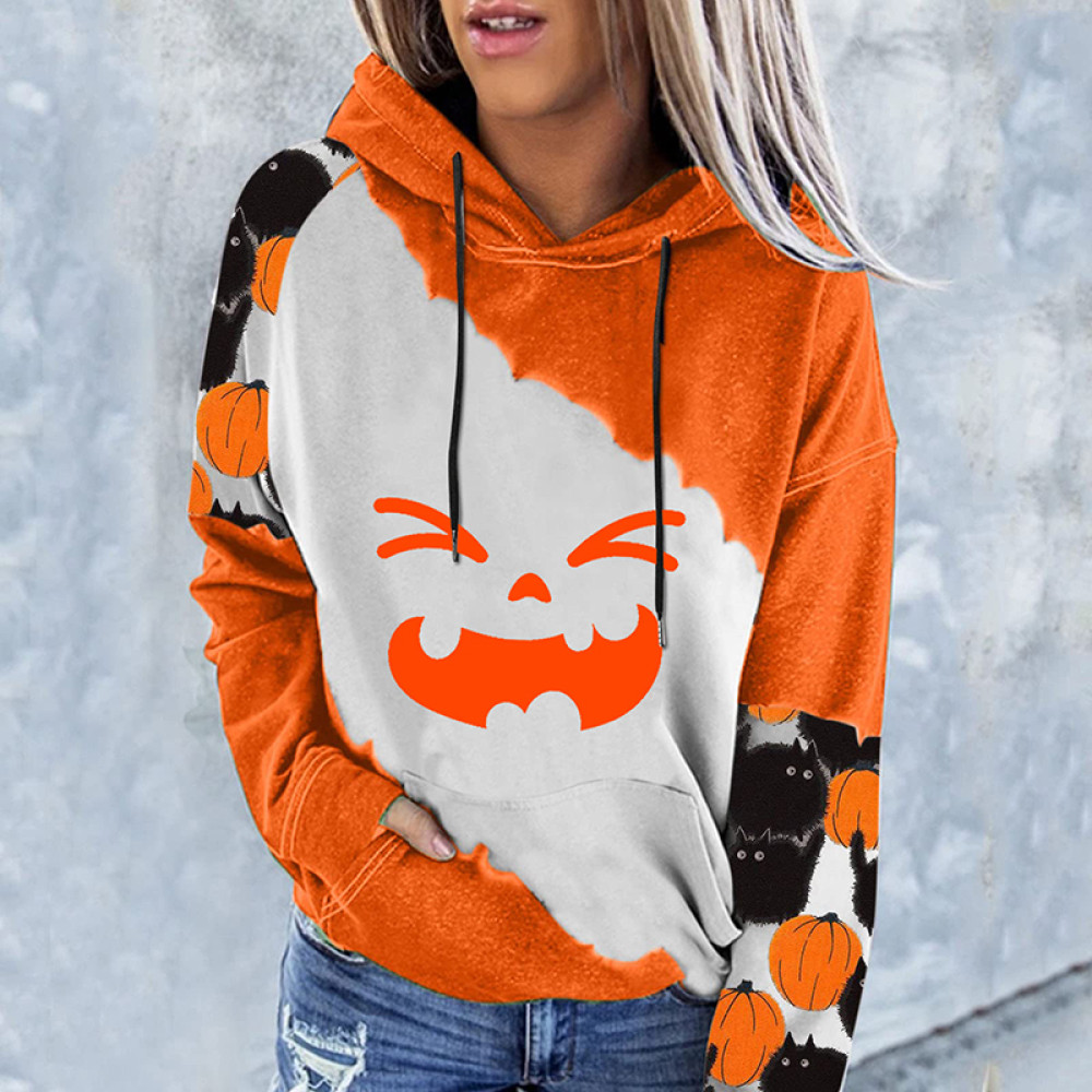 Halloween Colorblock Print Long Sleeve Hoodie