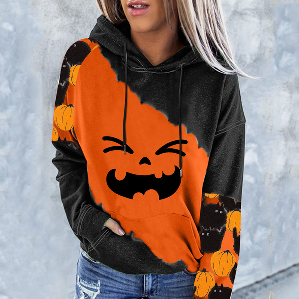 Halloween Colorblock Print Long Sleeve Hoodie