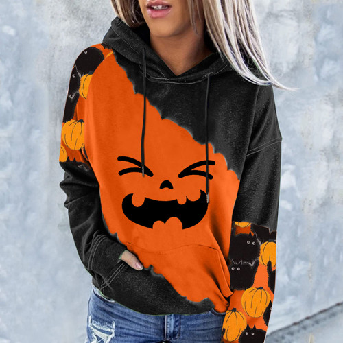 Halloween Colorblock Print Long Sleeve Hoodie