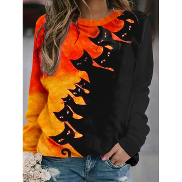 Halloween Contrast Cat Print Crew Neck Sweatshirt