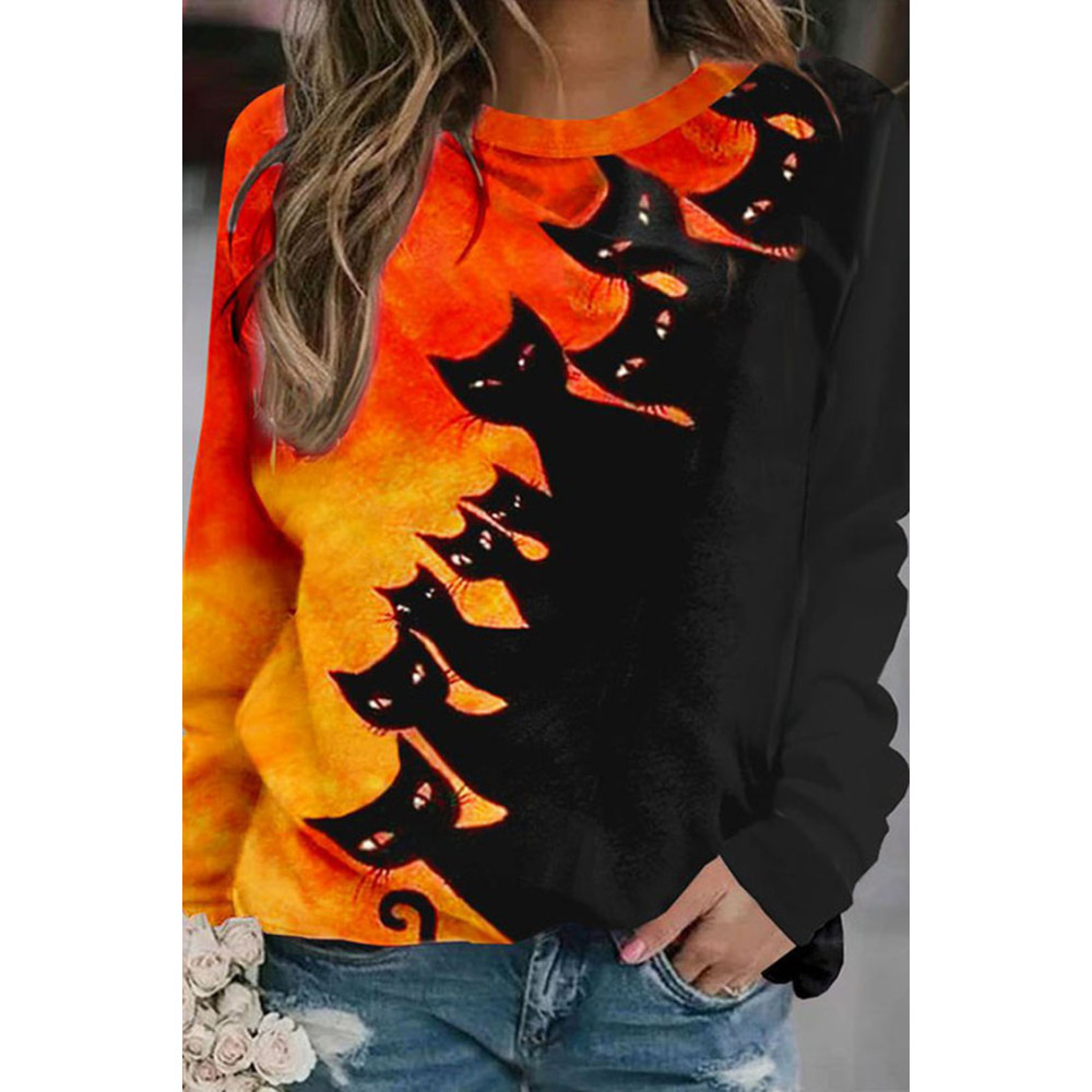 Halloween Contrast Cat Print Crew Neck Sweatshirt
