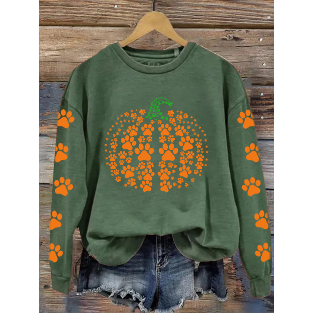 Halloween Dog Paw Print And Pumpkin Print Sweatshirt