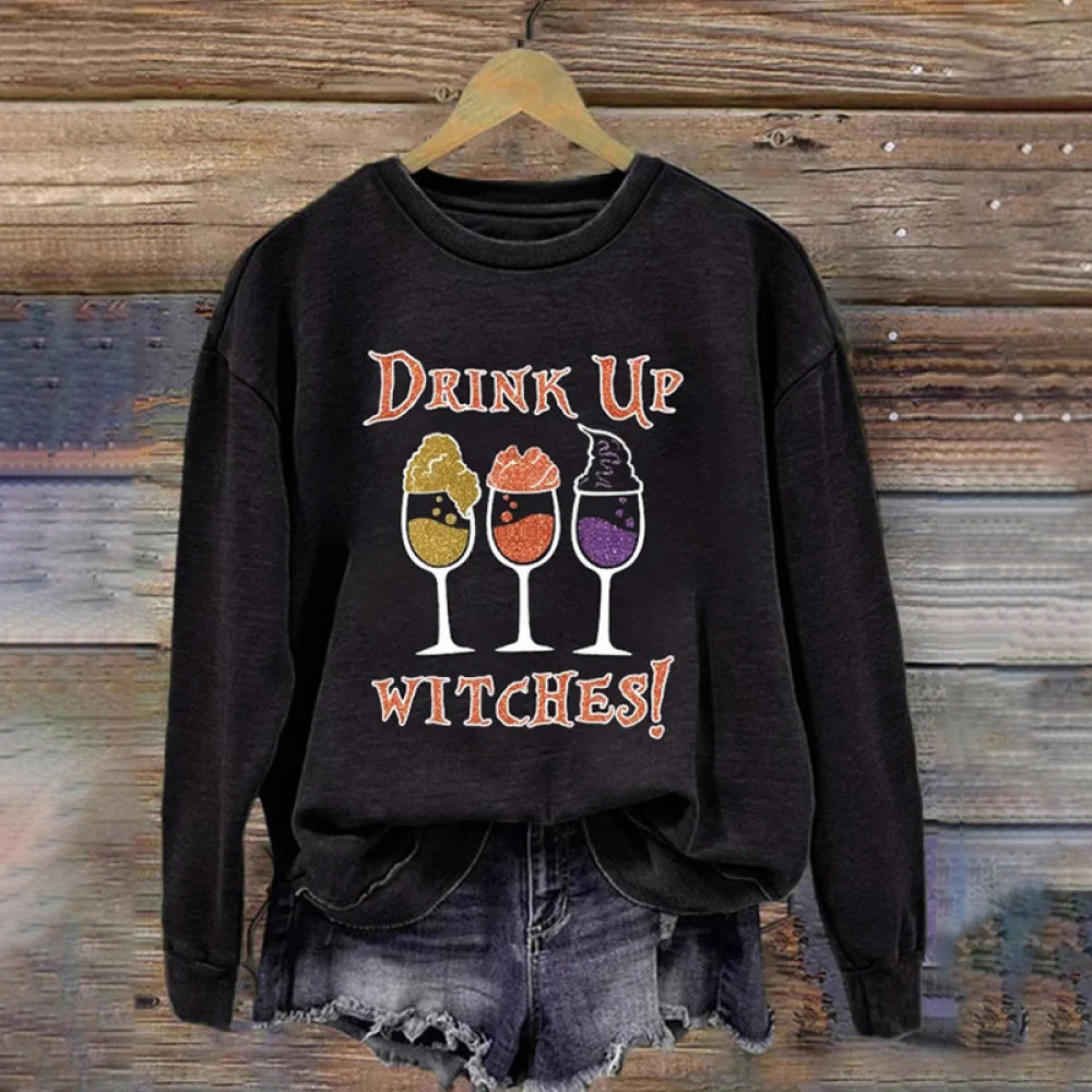 Halloween Drink Up Witches Printed Casual Sweatshirt