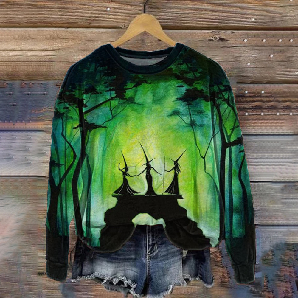 Halloween Emerald Forest Fire Witches Print Sweatshirt