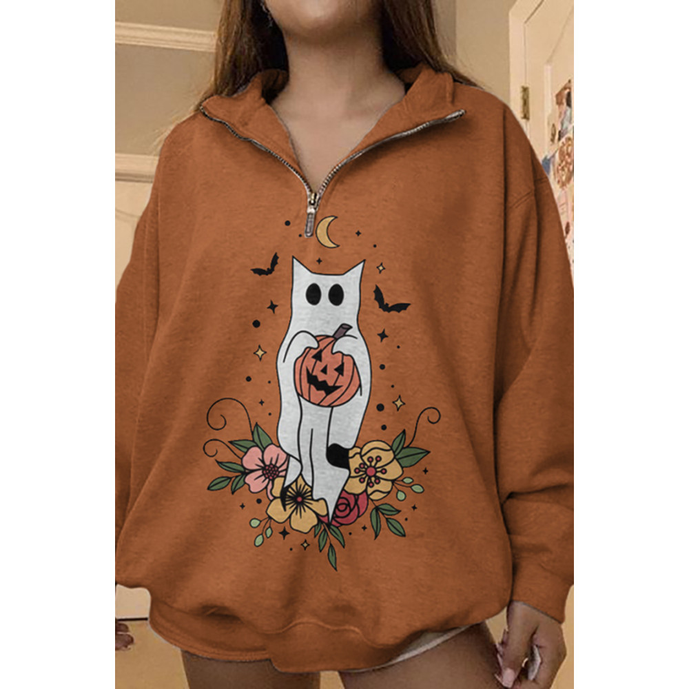 Halloween Floral Cat Print Sweatshirt