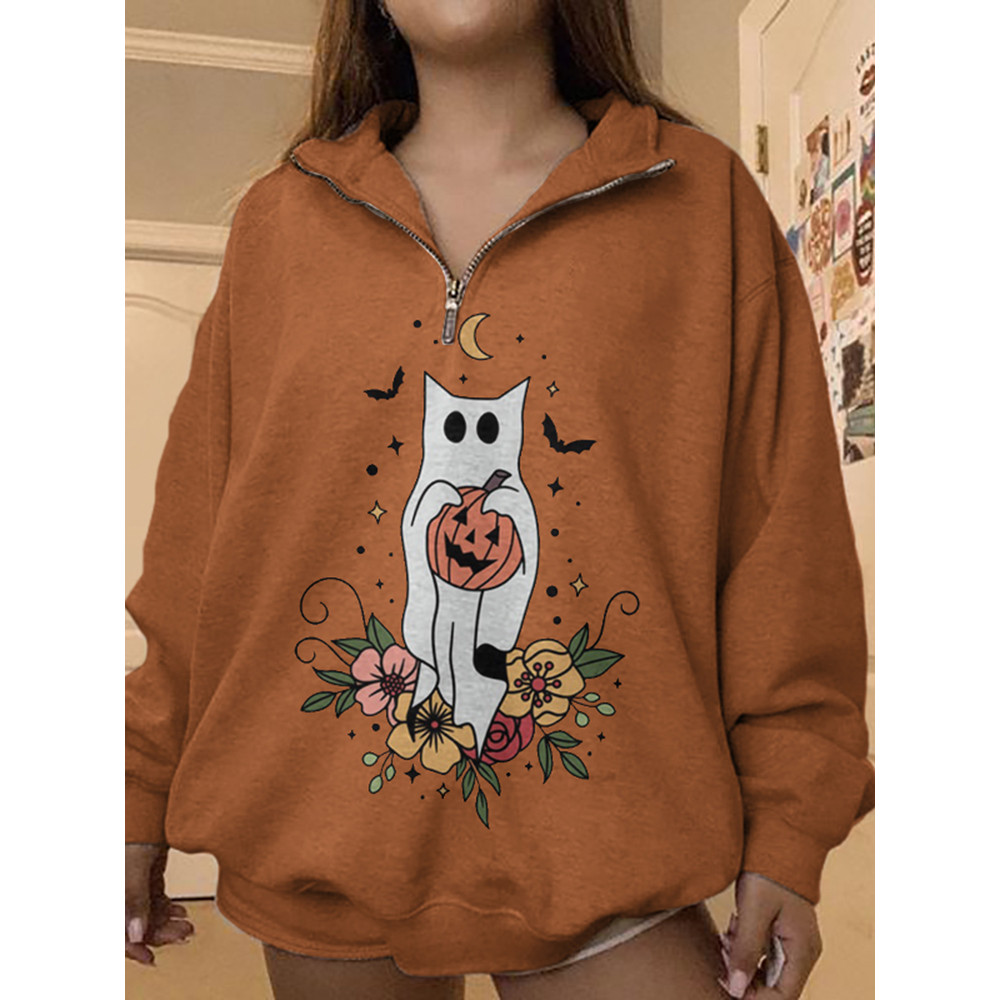 Halloween Floral Cat Print Sweatshirt