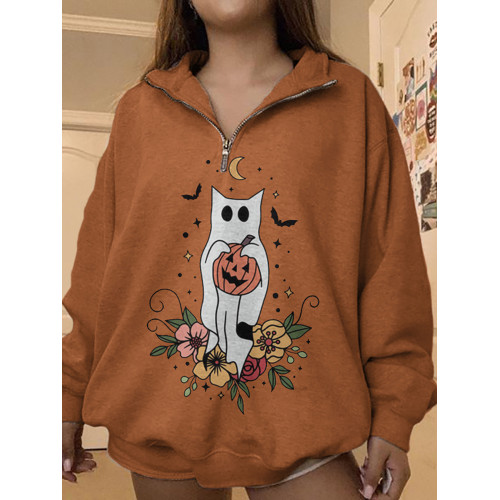 Halloween Floral Cat Print Sweatshirt