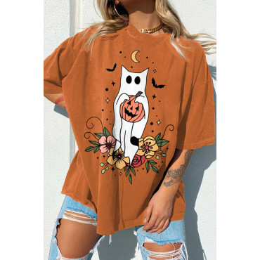 Halloween Floral Cat Print T-Shirt