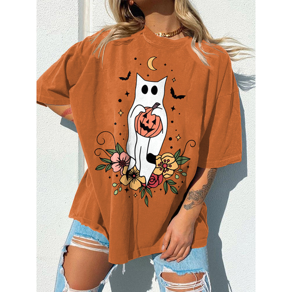 Halloween Floral Cat Print T-Shirt
