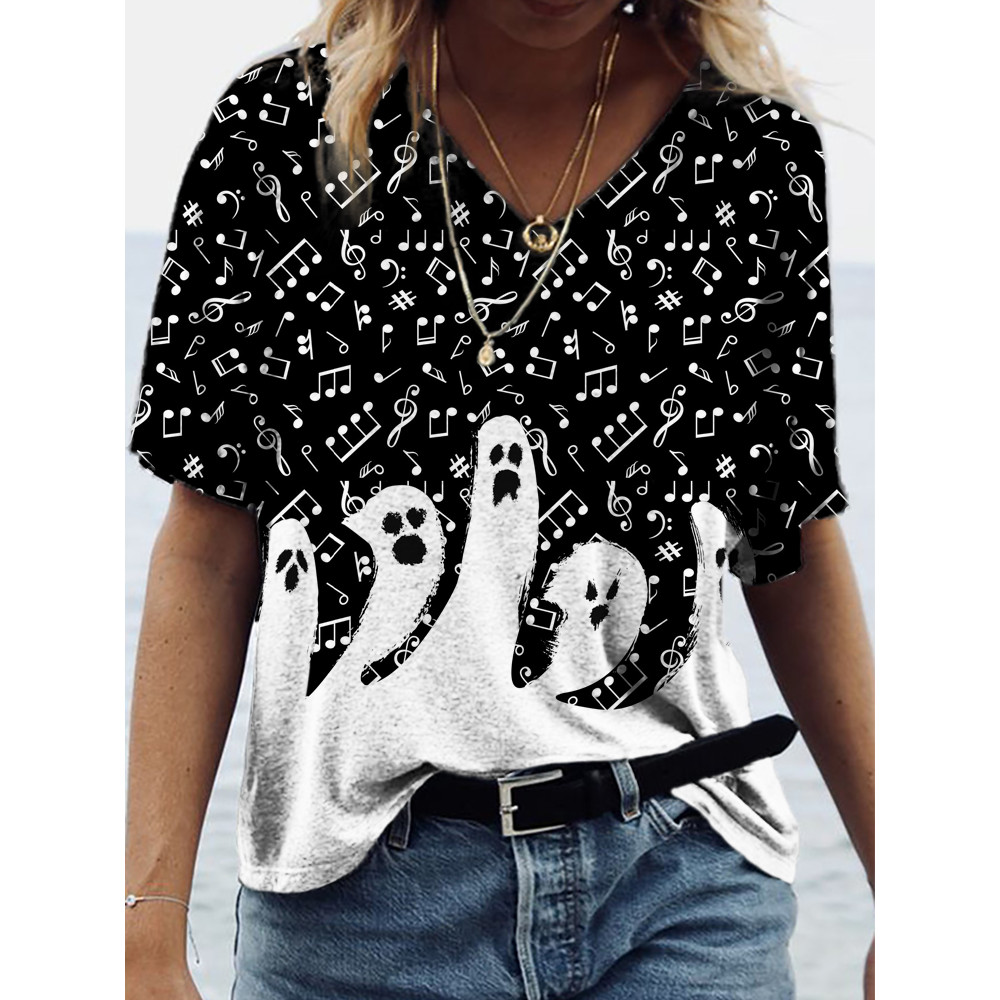 Halloween Ghost Face Ghost Horror Music Print V-Neck T-Shirt