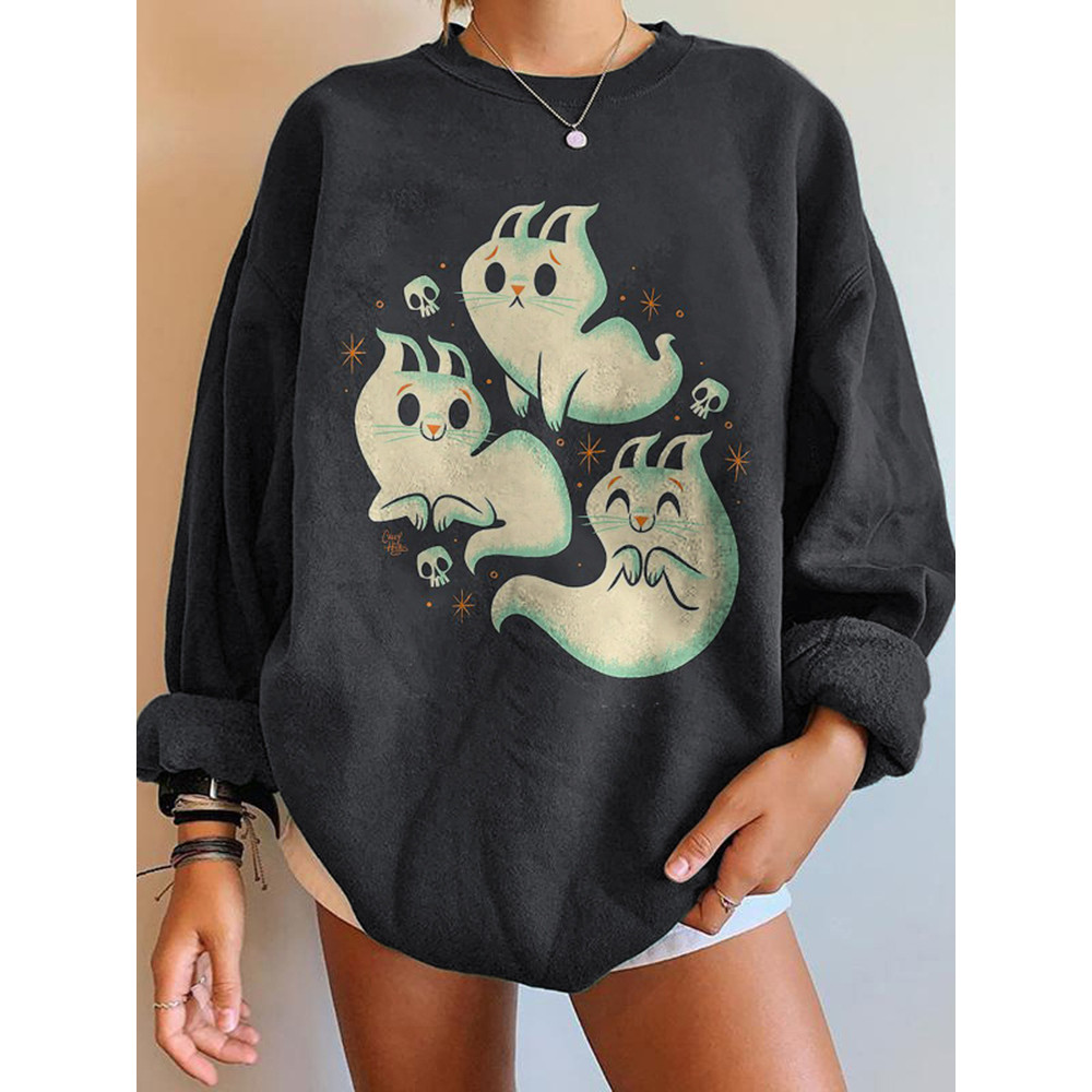Halloween Ghost Print Crew Neck Sweatshirt
