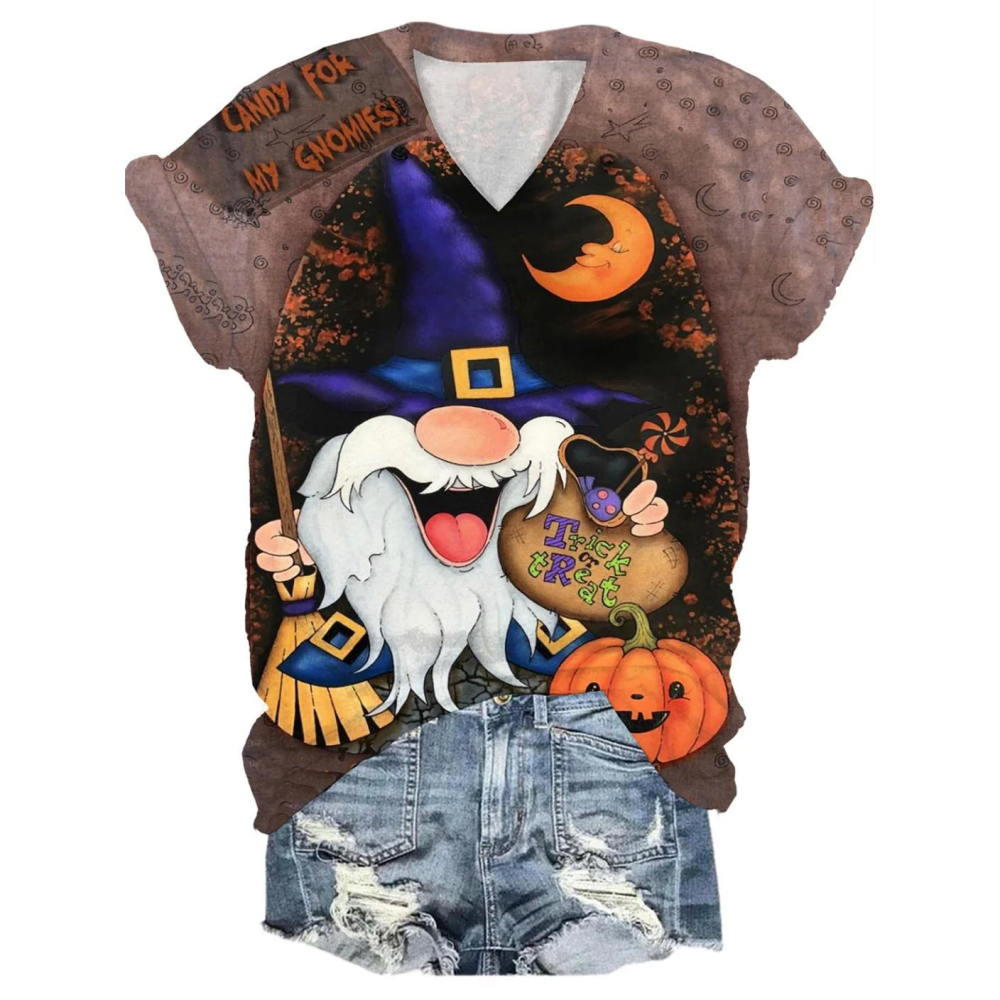 Halloween Gnome Print V-Neck T-Shirt
