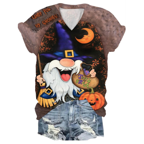 Halloween Gnome Print V-Neck T-Shirt