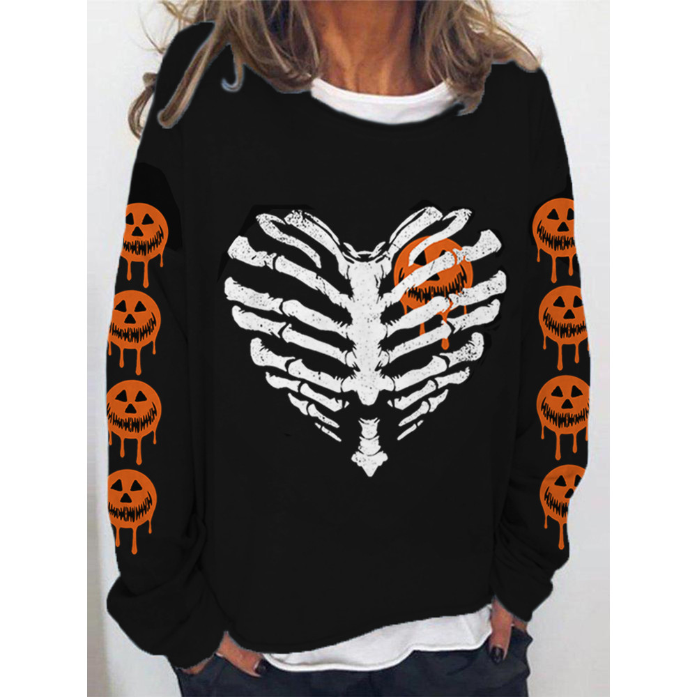 Halloween Heart Skeleton And Pumpkin Skull Face Print Sweatshirt