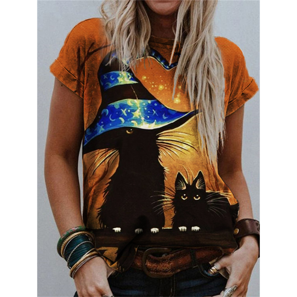 Halloween Lovely Cat Witch Print T Shirt