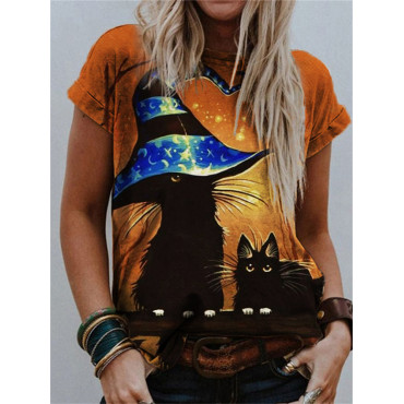 Halloween Lovely Cat Witch Print T Shirt