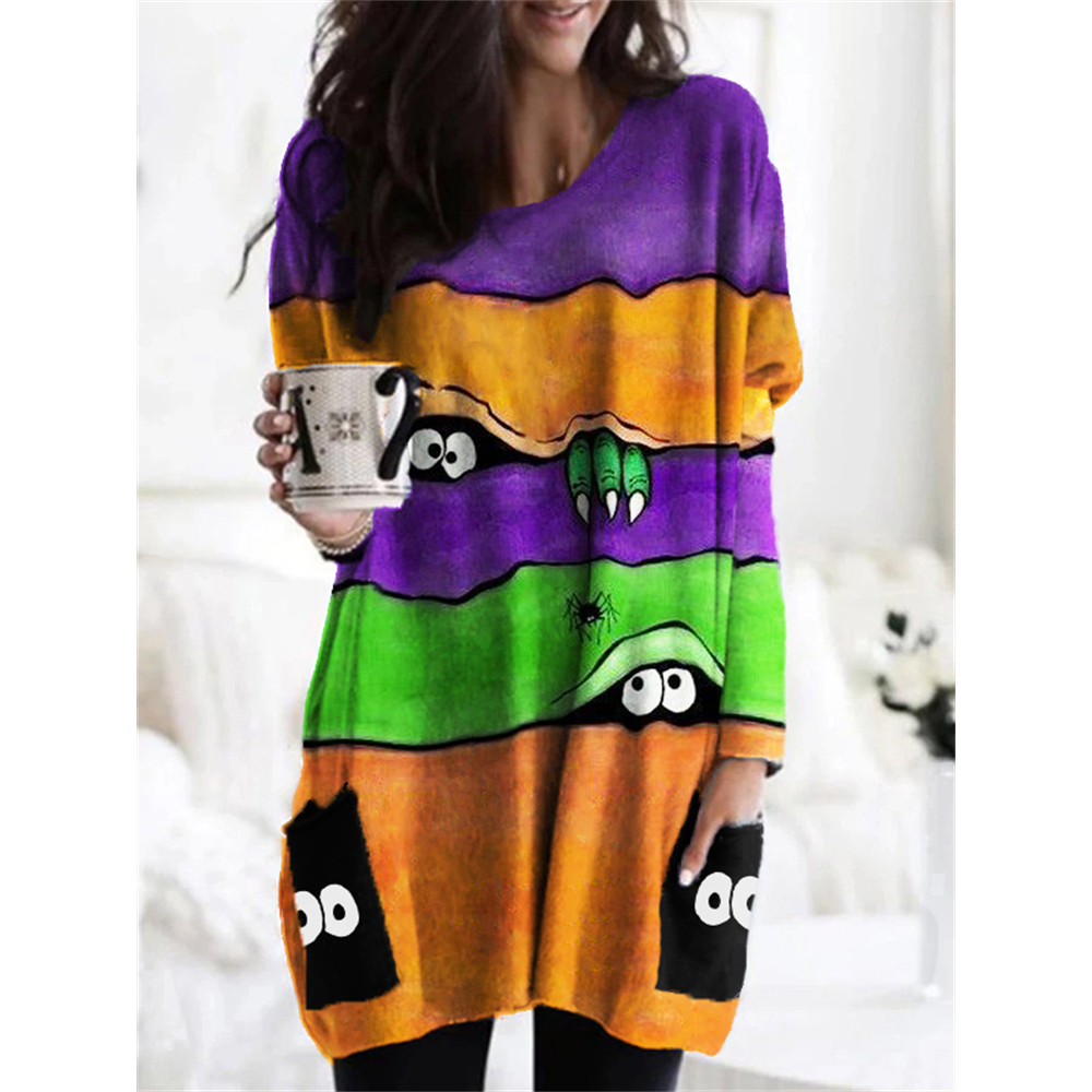 Halloween Lovely Monster Colorblock Patch Pocket Tunic