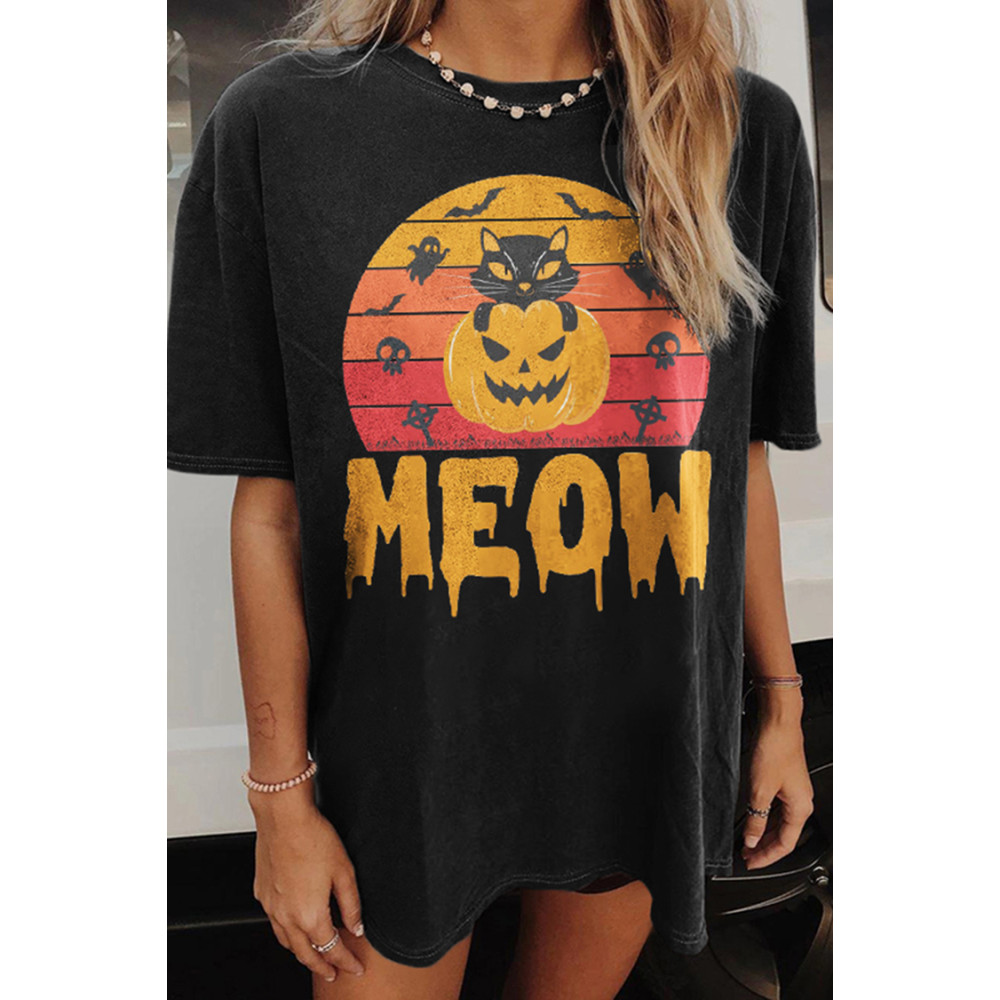 Halloween Meow Print Short Sleeve T-Shirt