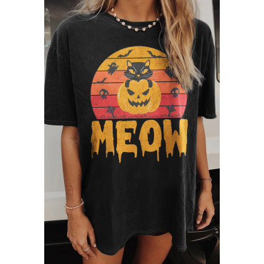 Halloween Meow Print Short Sleeve T-Shirt