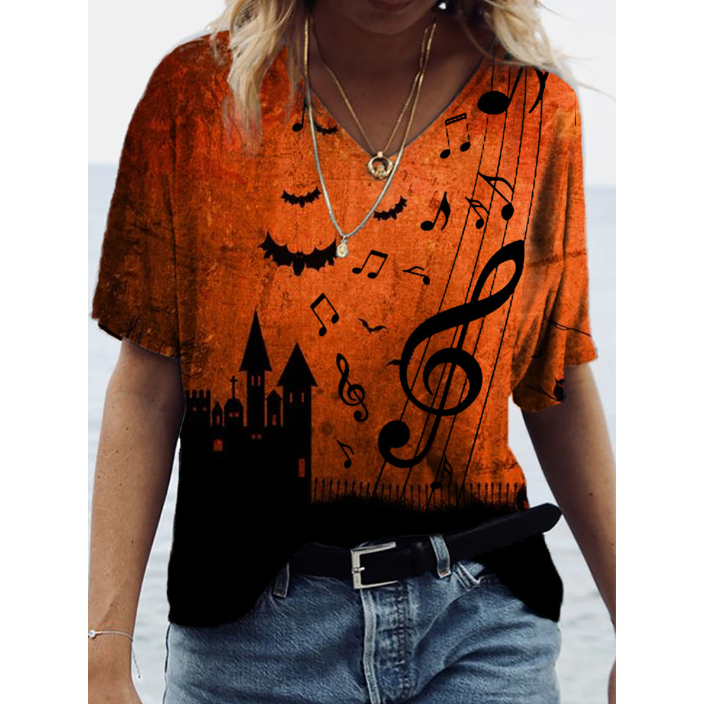 Halloween Music Note Art Print V-Neck T-Shirt