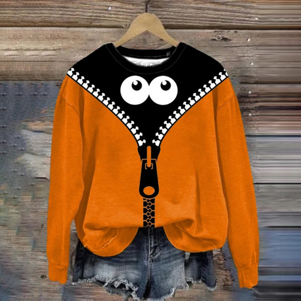 Halloween Peek Monster Print Round Neck Sweatshirt