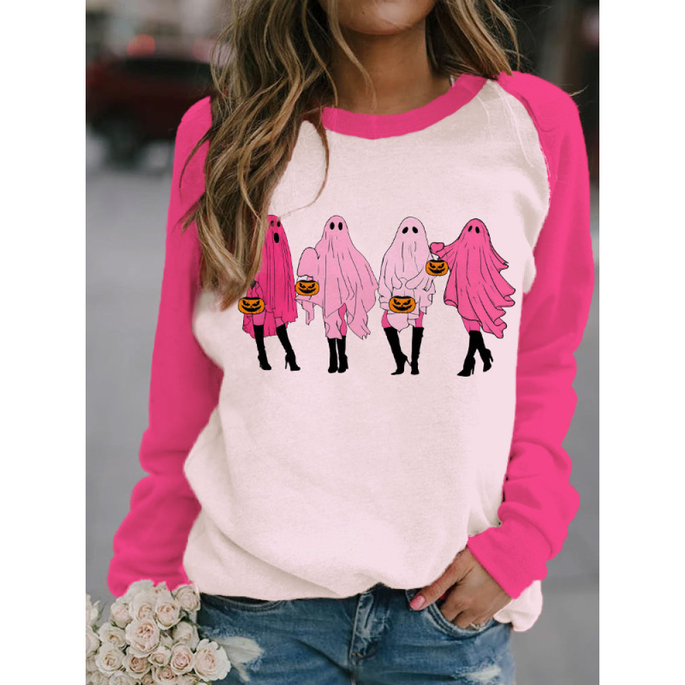 Halloween Pink Ghost Contrast Color Sweatshirt