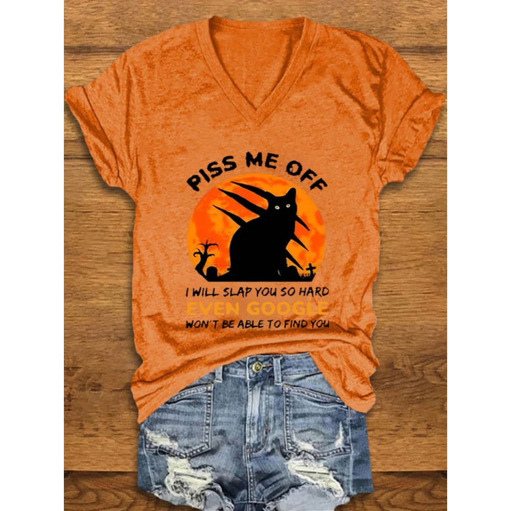 Halloween Piss Me Off Black Cat Print T Shirt